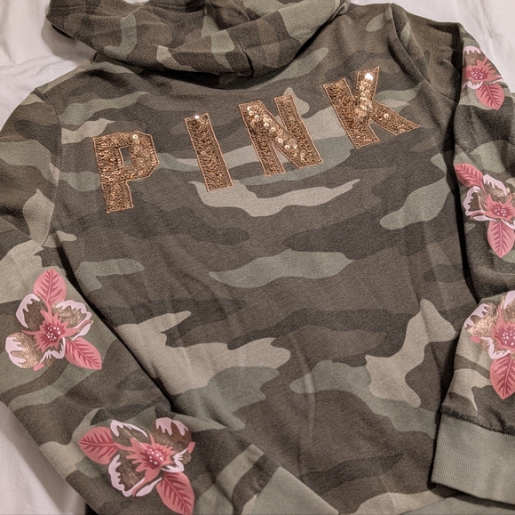 Victoria's Secret PINK Bling Zip Hoodie - Camo, Orchids & Rose Gold Sequin Logo - Picture 9 of 10